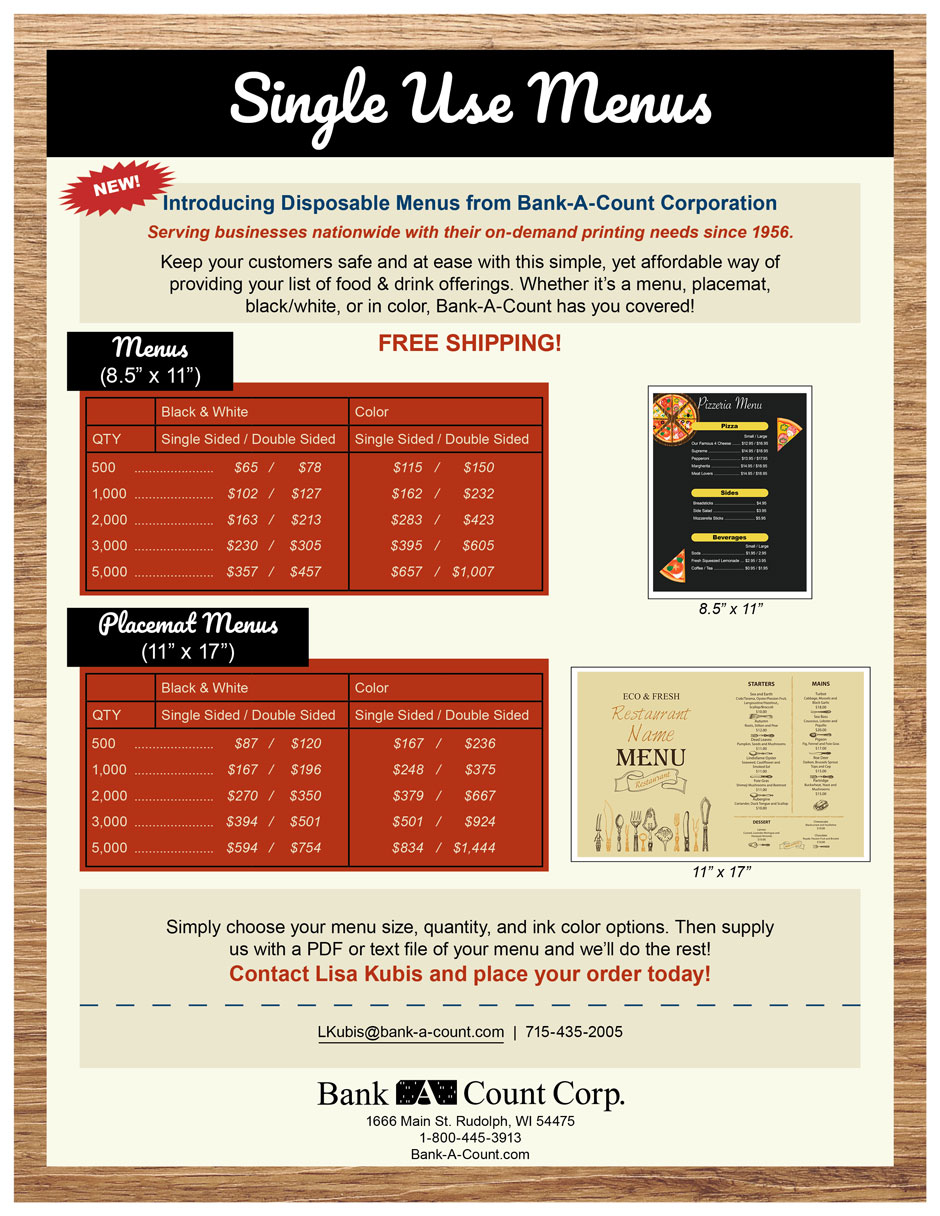 Disposable Menus from Bank-A-Count Corporation